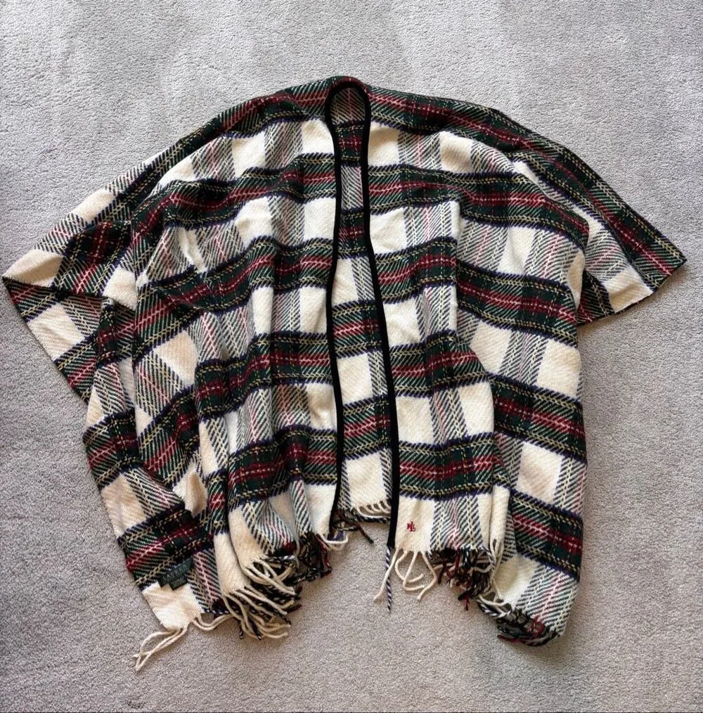 NWOT  Ralph Lauren Lambswool Tartan Plaid Fringe Shawl Cape Wrap, $395